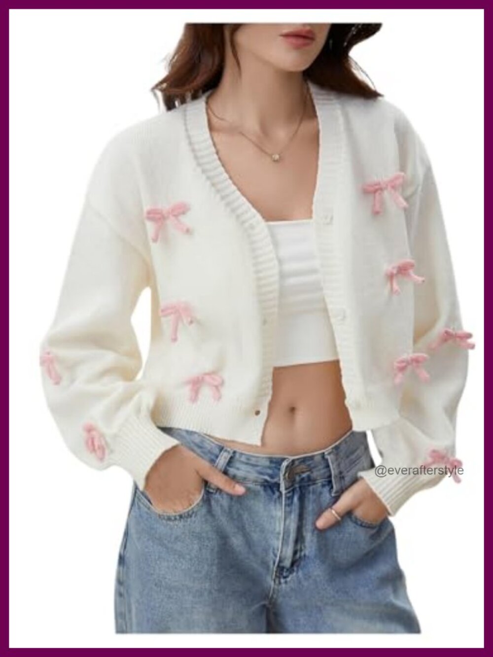 Cropped Bow Cardigan V-Neck Long Sleeve Button Front Knit Sweater for Women